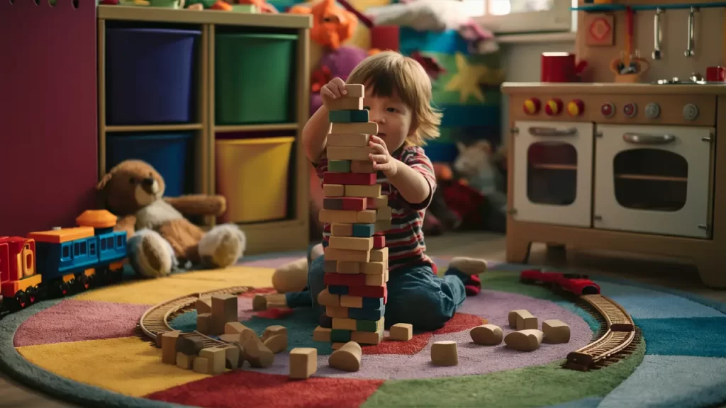 Criança pequena construindo torre de blocos de madeira em sala de brinquedos com pelúcias e trem de brinquedo.