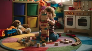 Criança pequena construindo torre de blocos de madeira em sala de brinquedos com pelúcias e trem de brinquedo.