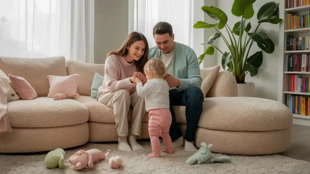 Pais sentados em um sofá segurando as mãos de um filho em uma sala com brinquedos espalhados e uma planta grande ao fundo.