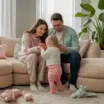 Pais sentados em um sofá segurando as mãos de um filho em uma sala com brinquedos espalhados e uma planta grande ao fundo.