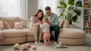 Pais sentados em um sofá segurando as mãos de um filho em uma sala com brinquedos espalhados e uma planta grande ao fundo.