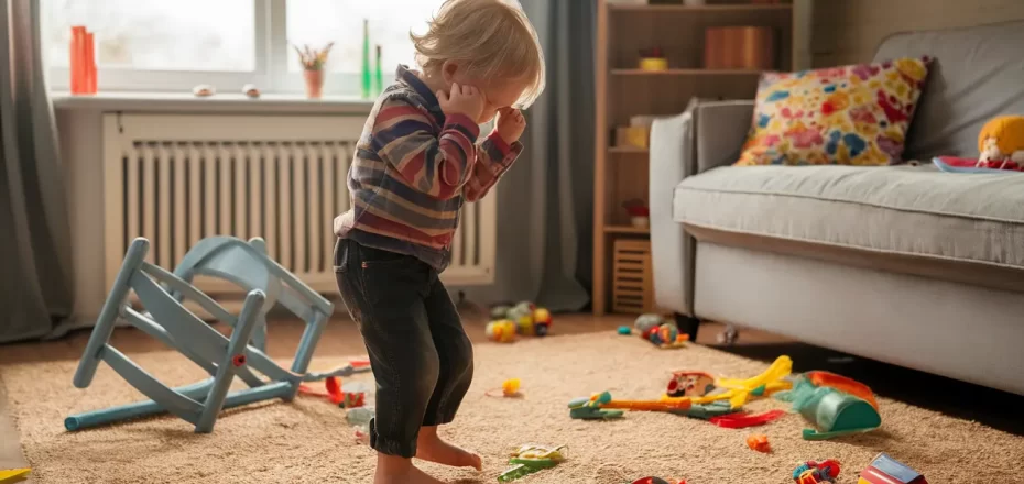 Criança frustrada de 4 anos pisando forte em sala cheia de brinquedos coloridos espalhados e uma pequena cadeira virada.